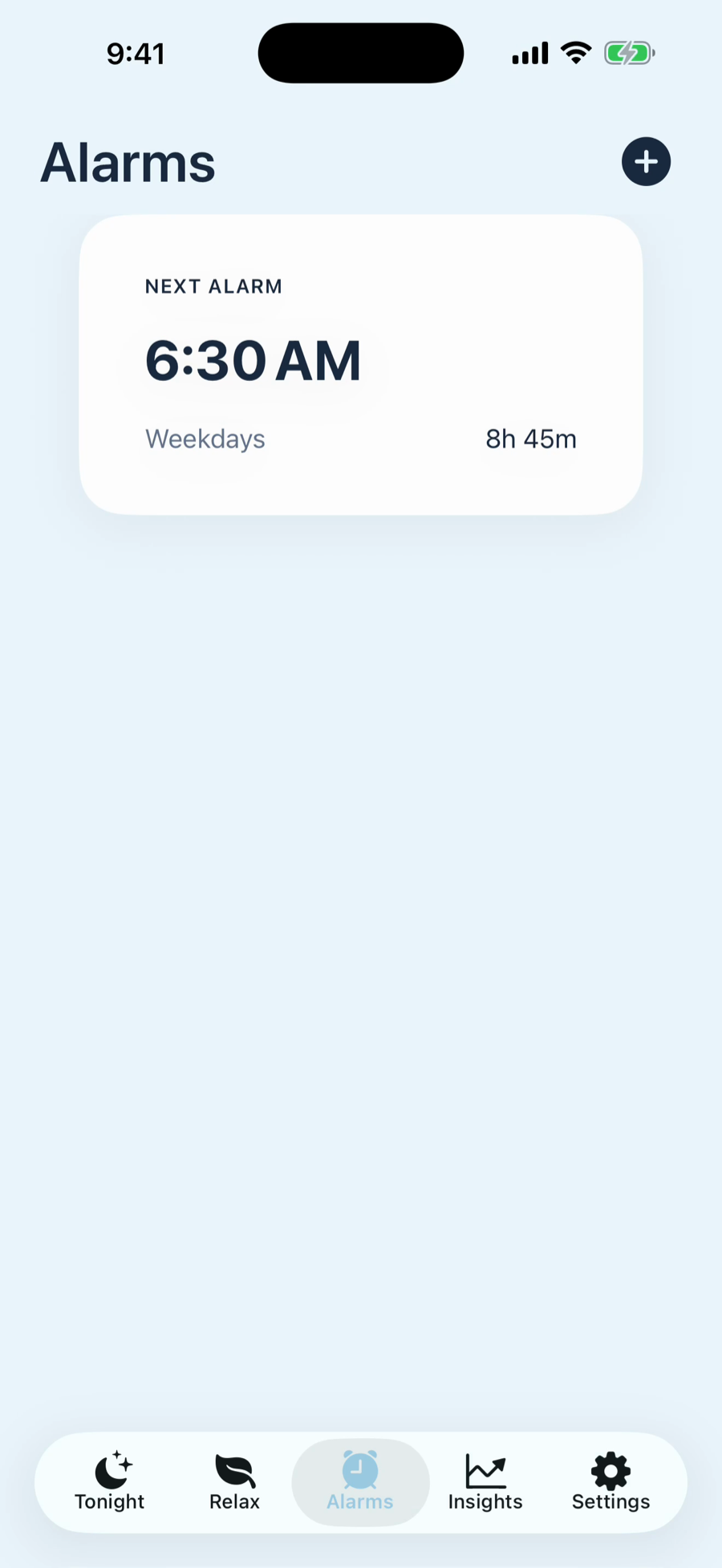 Dawn app — Alarms screen showing next alarm at 6:30 AM