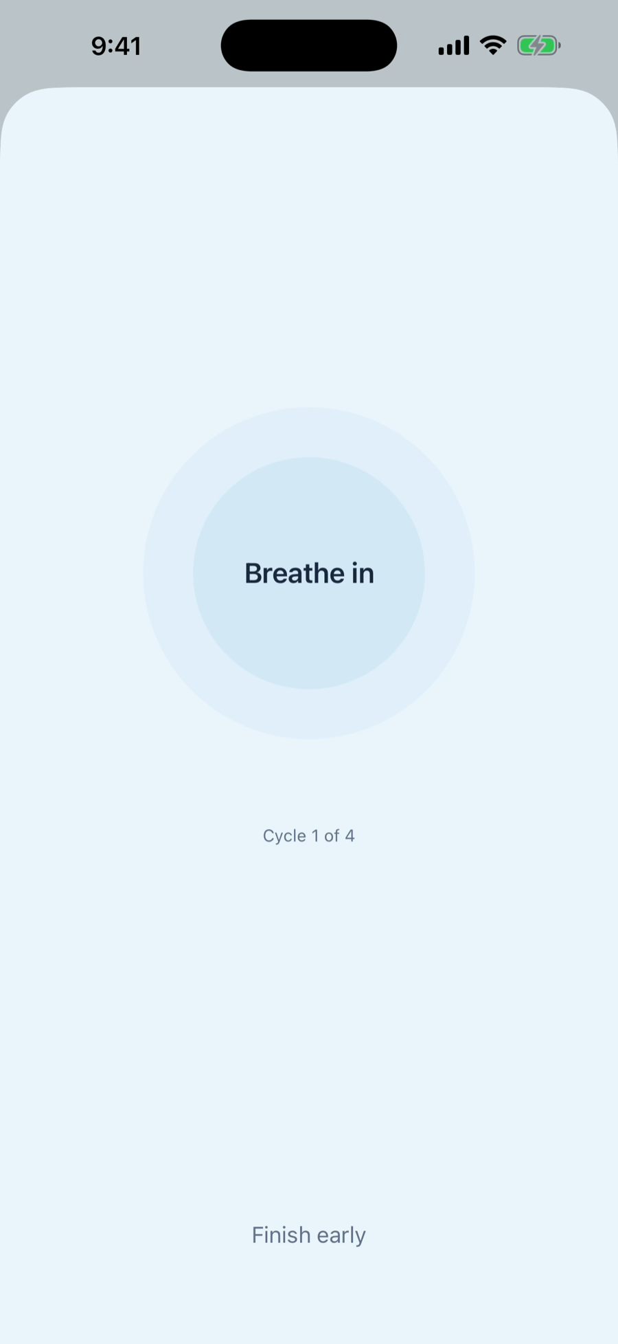 Dawn app — guided breathing session, Breathe in, cycle 1 of 4
