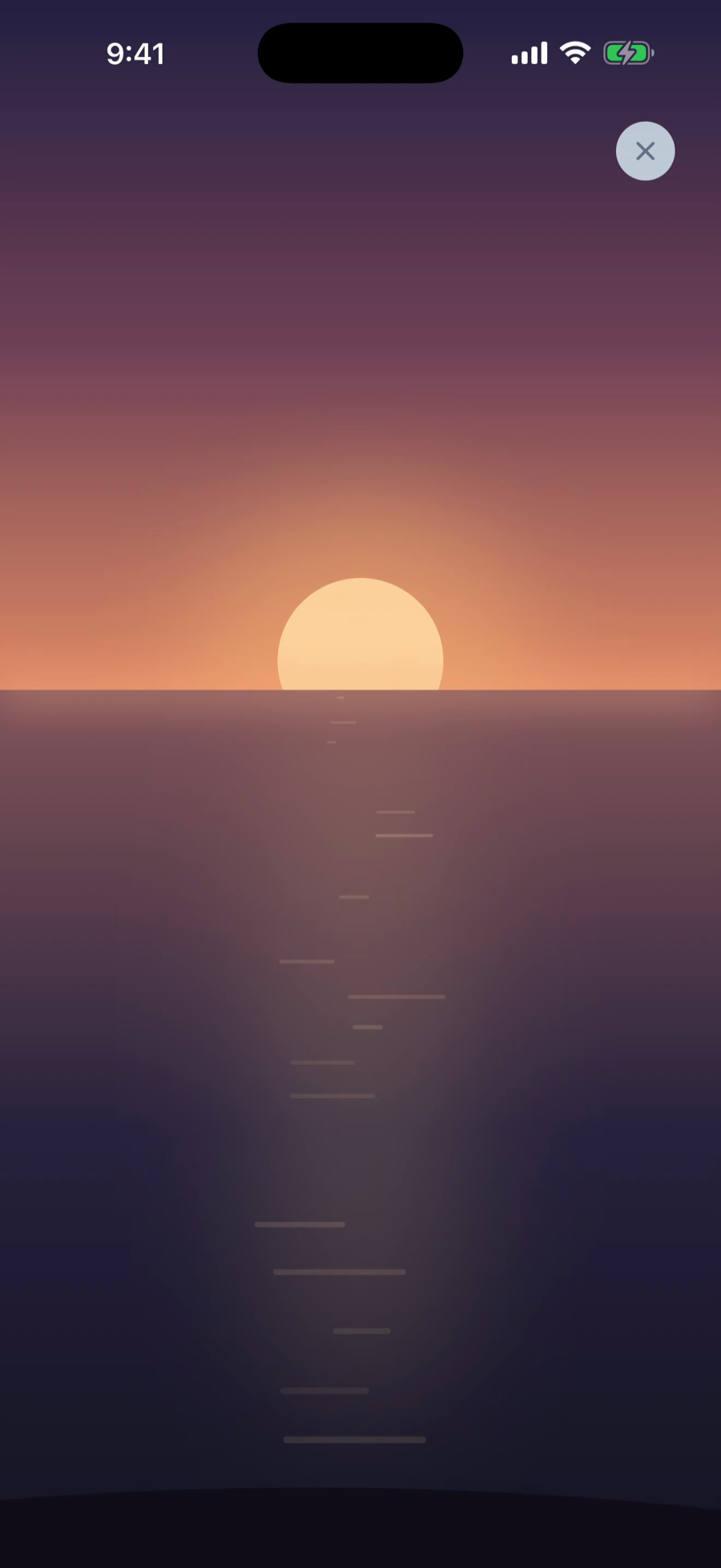 Dawn app — Relax screen, Pebble Skipping interaction over a sunset lake